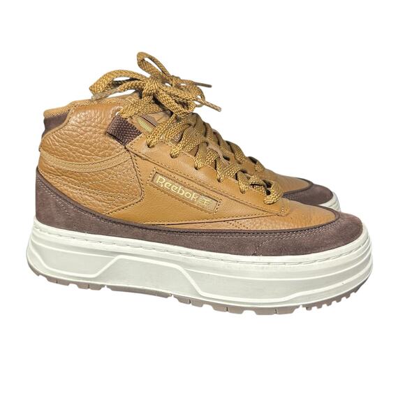 Reebok Club C Double Geo Mid Brown Platform Sneakers GZ2235 Womens Sz 8 leather - Picture 1 of 12